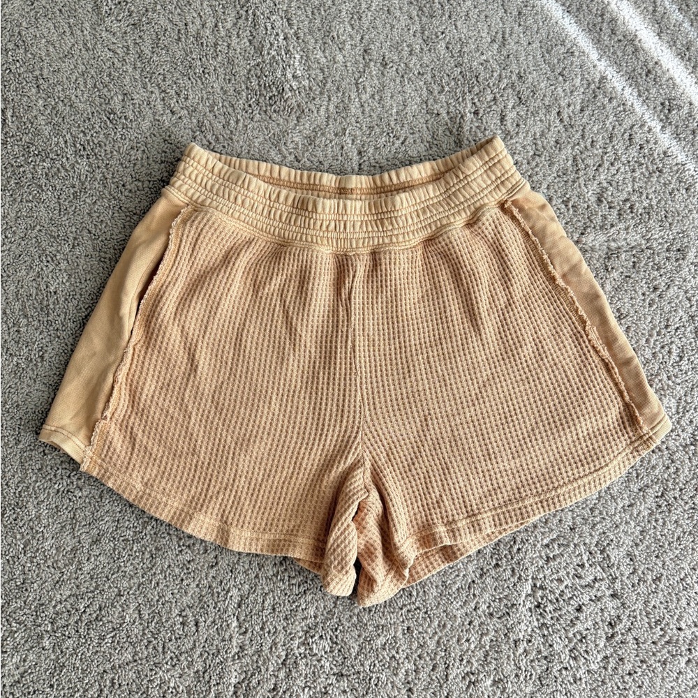Aerie Waffle Shorts Women Medium Tan Athletic Elastic Waistband Knit Lounge